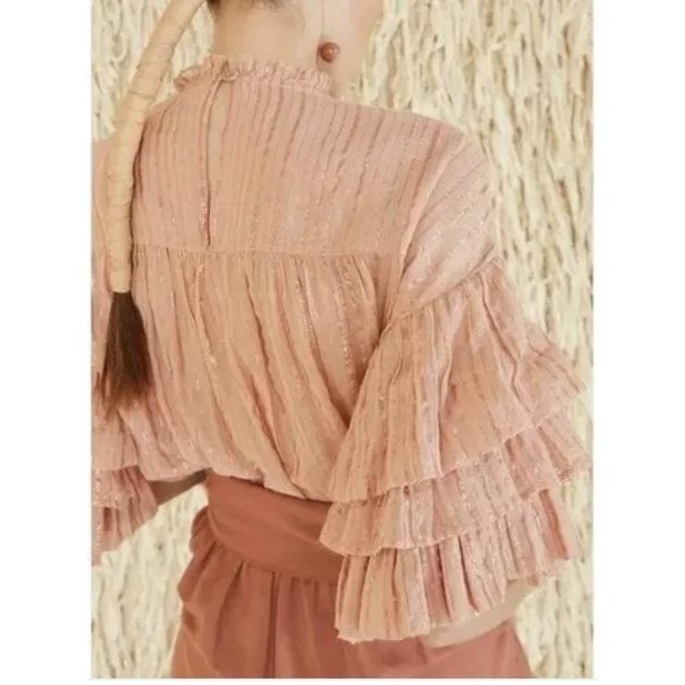 Ulla Johnson Deniz Pink Metallic Stripe Ruffle Sleeve Cotton Blouse Top US 4 / S - Picture 9 of 9